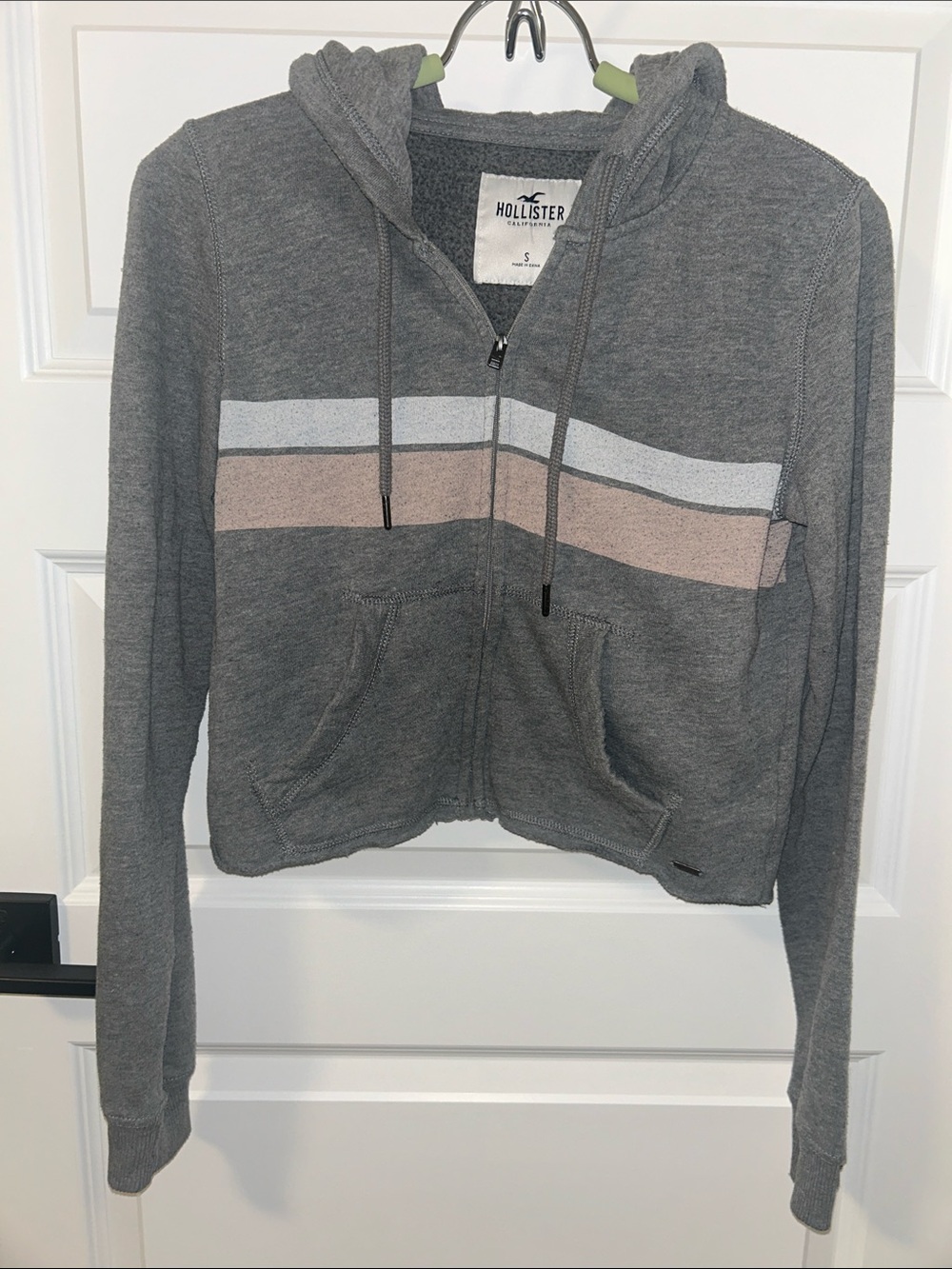 Hollister Heather Gray Zip Hoodie with Pink and White Stripes